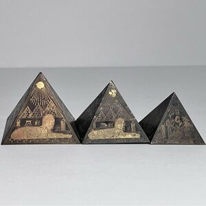 3 Vintage EGYPTIAN REVIVAL Brass Pyramids / ETCHED DESIGNS & Hieroglyphics